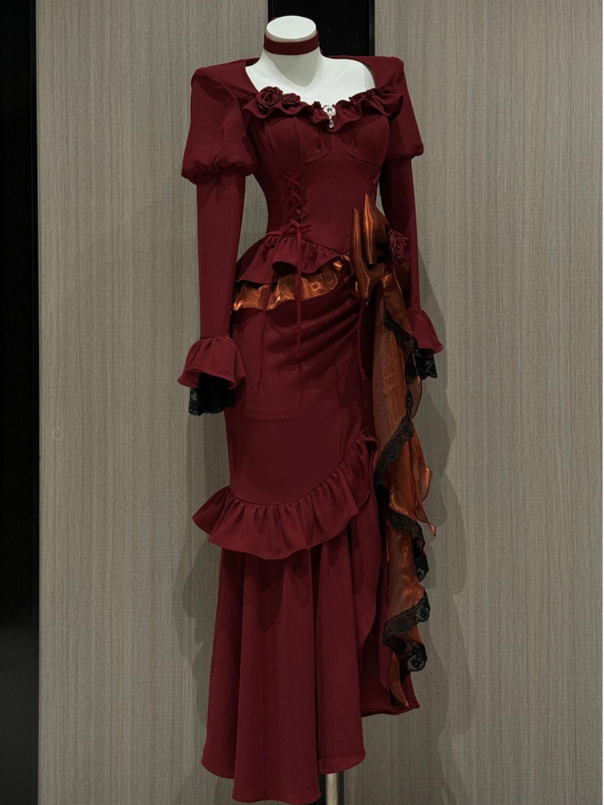 Women'S Red Formal Wear - ฤดูใบไม้ผลิสีแดงชุดวินเทจผู้หญิงลูกไม้ Retro Retro ชุดราตรีหรูหราชุดหญิงแขนยาว Chic Midi