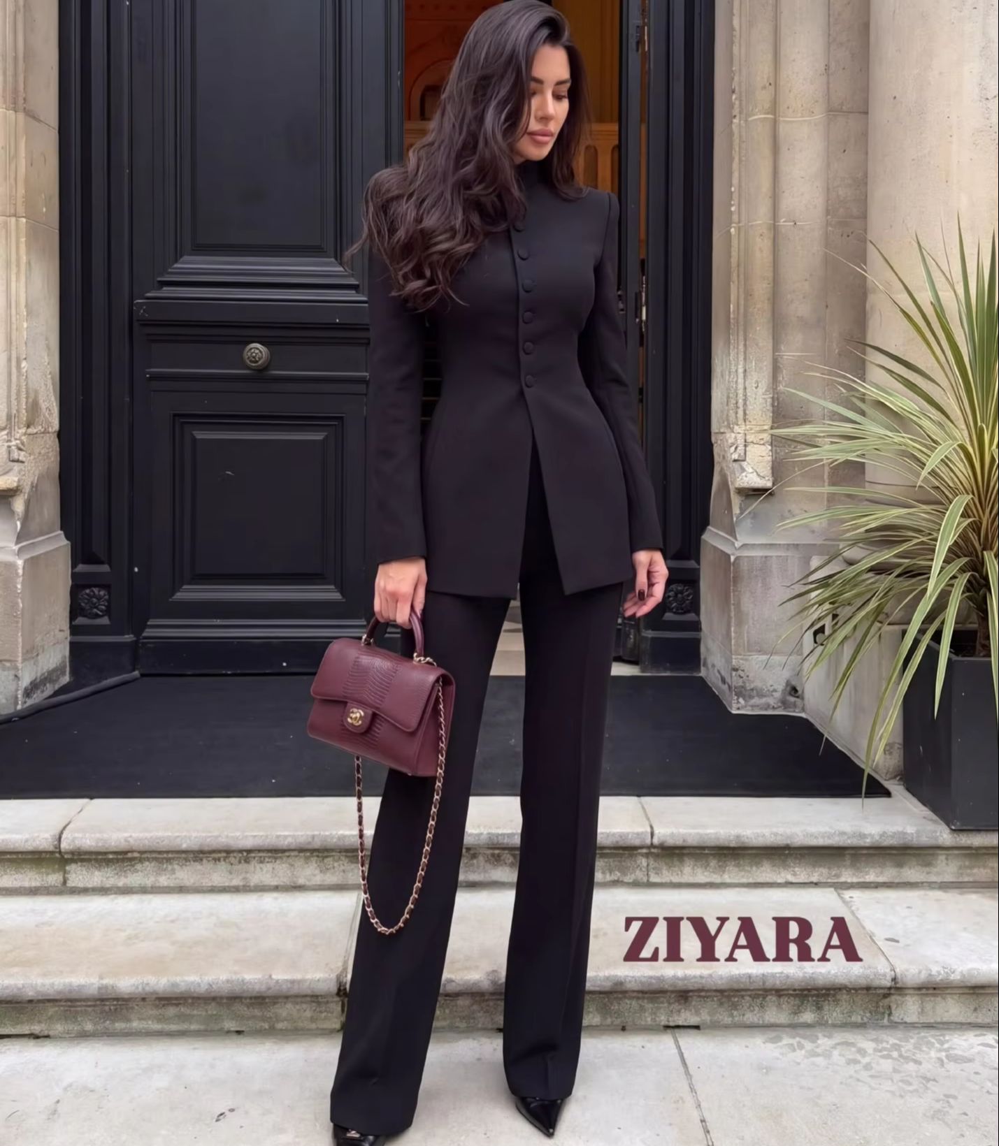 Womens Blazer - ชุดสูทผู้หญิง 2 ชิ้น เสื้อเบลเซอร์ยาวคอจีน กางเกงขาบาน เอวเข้ารูป