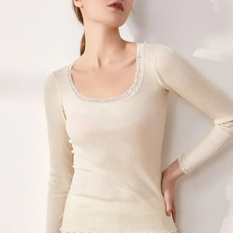Silk Blouse - ฤดูใบไม้ร่วงและฤดูหนาวผ้าไหมหม่อนผู้หญิงชุดชั้นในรอบคอผ้าไหมขอบลูกไม้แขนยาวด้านล่างเสื้อ SLIM FIT