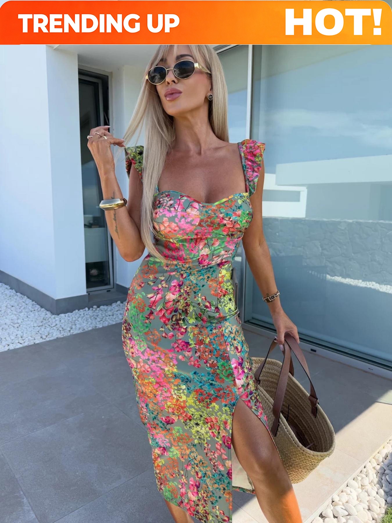 Midi Dress - เดรสพิมพ์ลายสไตล์โบโฮสุดหรูสำหรับผู้หญิง แฟชั่นเดรสสายเดี่ยวเอวสูงทรงเข้ารูป พร้อมดีไซน์ผ่าด้านข้าง เหมาะสำหรับฤดูร้อน สไตล์วันพักผ่อนที่ดูหรูหรา เดรสยาวระดับกลาง
