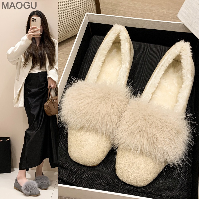 Womens Heels - รองเท้าผู้หญิงแบบสวม พื้นนุ่ม บุขนเทียม สำหรับฤดูใบไม้ร่วงและฤดูหนาว ปี 2025