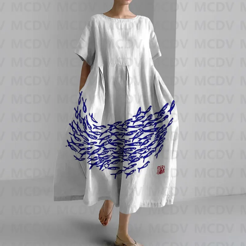 ญี่ปุ่น Vintage Fish Art พิมพ์ - Midi Dress บทวิจารณ์และราคา